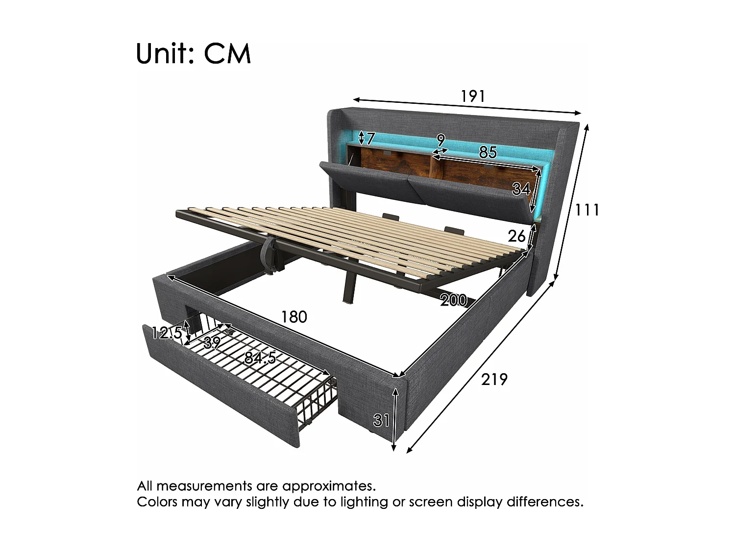 Letto matrimoniale 180x200 cm con contenitore in lino grigio - Letto per adulti con LED, porte USB e cassetto (materasso non incluso)