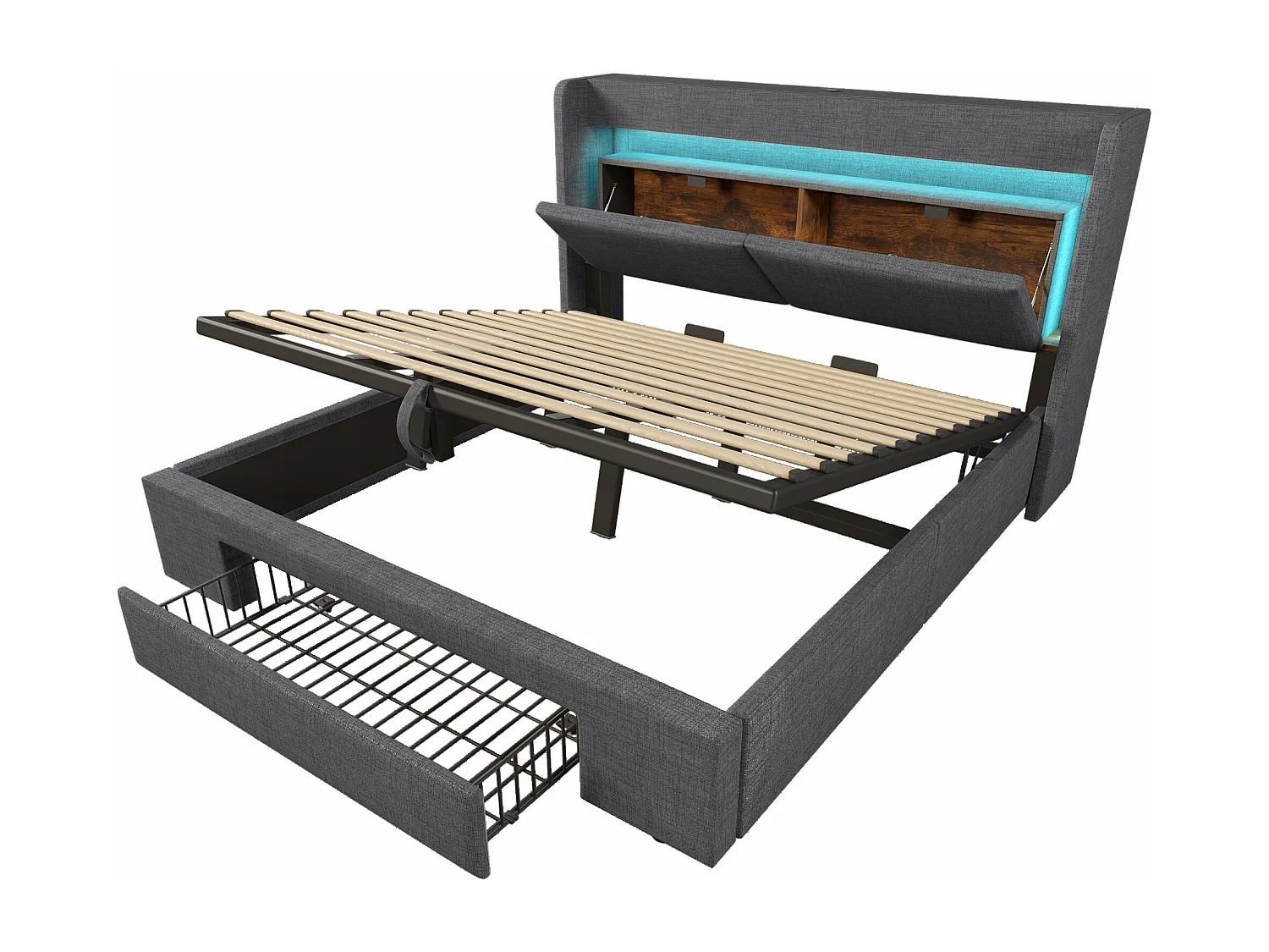 Letto matrimoniale 180x200 cm con contenitore in lino grigio - Letto per adulti con LED, porte USB e cassetto (materasso non incluso)