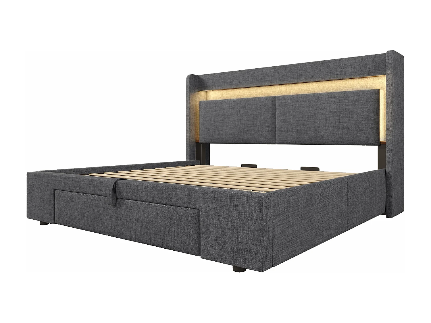 Letto matrimoniale 180x200 cm con contenitore in lino grigio - Letto per adulti con LED, porte USB e cassetto (materasso non incluso)