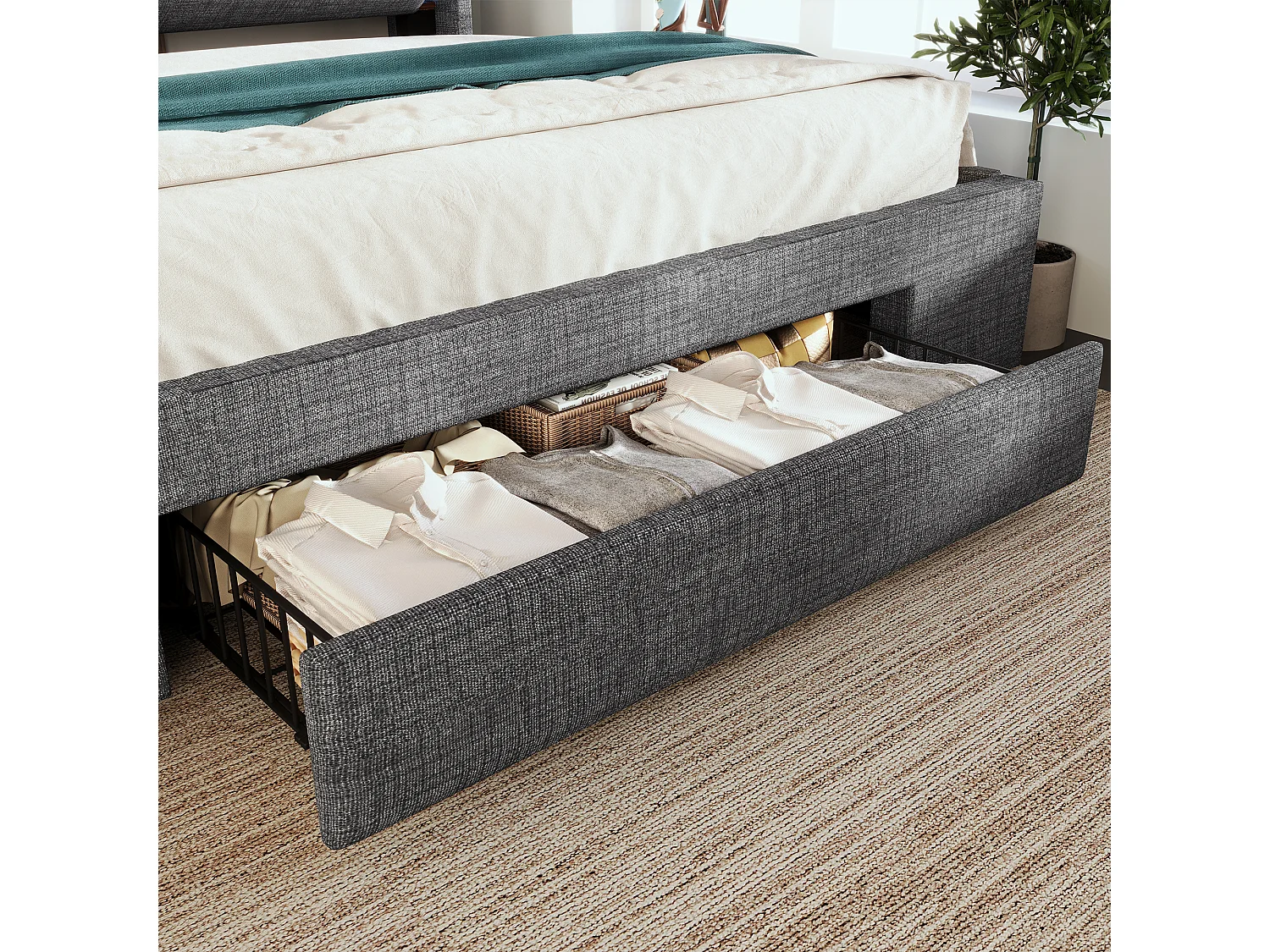 Letto matrimoniale 180x200 cm con contenitore in lino grigio - Letto per adulti con LED, porte USB e cassetto (materasso non incluso)