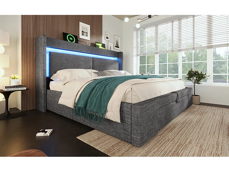 Letto matrimoniale 180x200 cm con contenitore in lino grigio - Letto per adulti con LED, porte USB e cassetto (materasso non incluso)