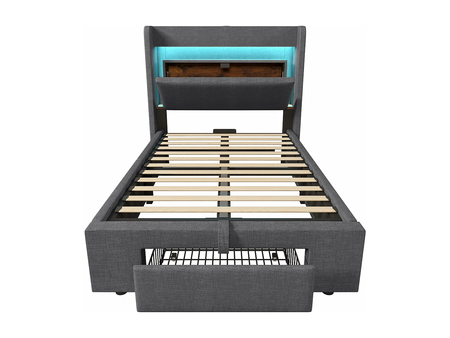 Letto contenitore per bambini 90x200 cm con LED, porte USB e cassetto - Tessuto di lino grigio