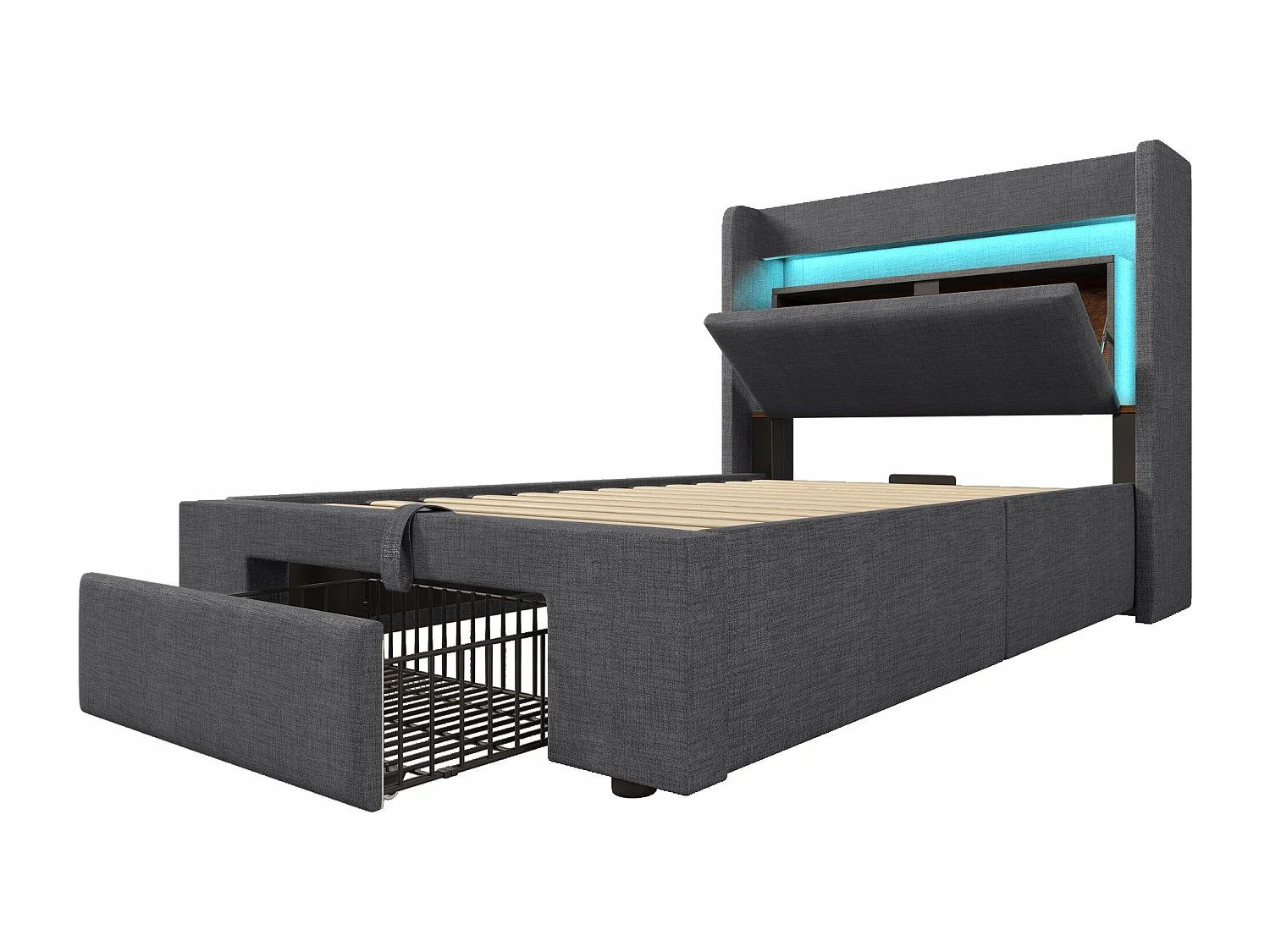 Letto contenitore per bambini 90x200 cm con LED, porte USB e cassetto - Tessuto di lino grigio