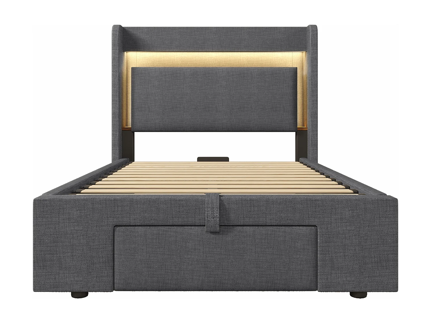Letto contenitore per bambini 90x200 cm con LED, porte USB e cassetto - Tessuto di lino grigio