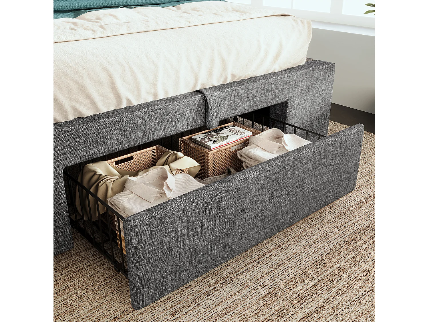 Letto contenitore per bambini 90x200 cm con LED, porte USB e cassetto - Tessuto di lino grigio