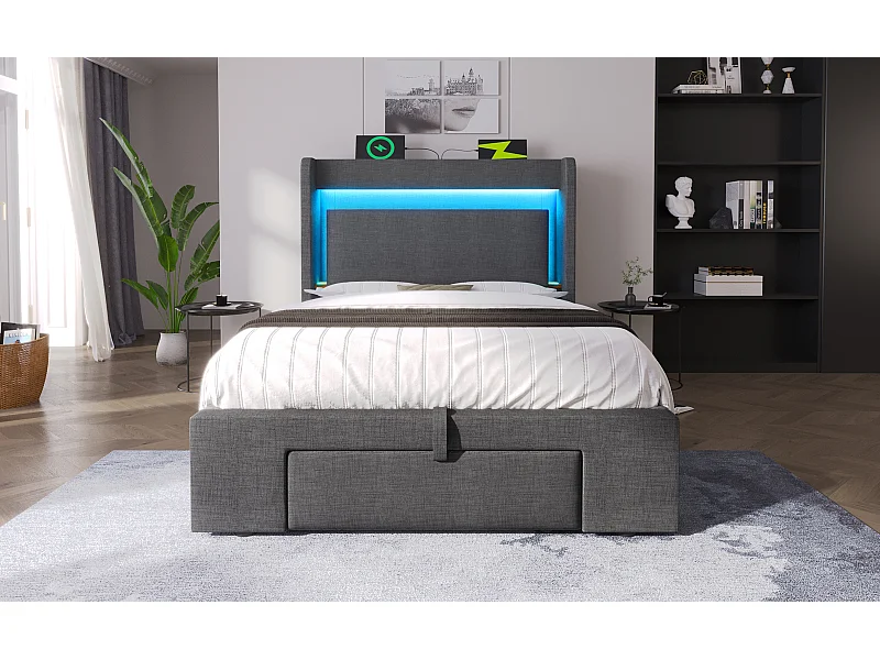 Kinderbed met opbergruimte 90x200 cm met LED-verlichting, USB-poorten en lade - Grijze linnen stof