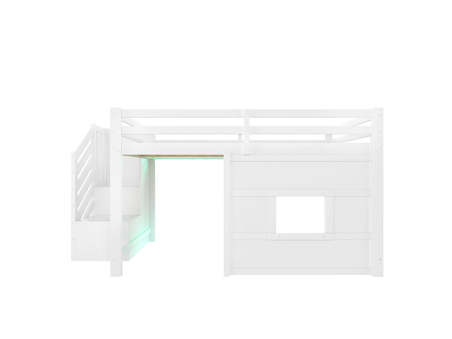 Lit mi-haut enfant 140x200 cm avec LED, escalier de rangements et fenêtre - Blanc