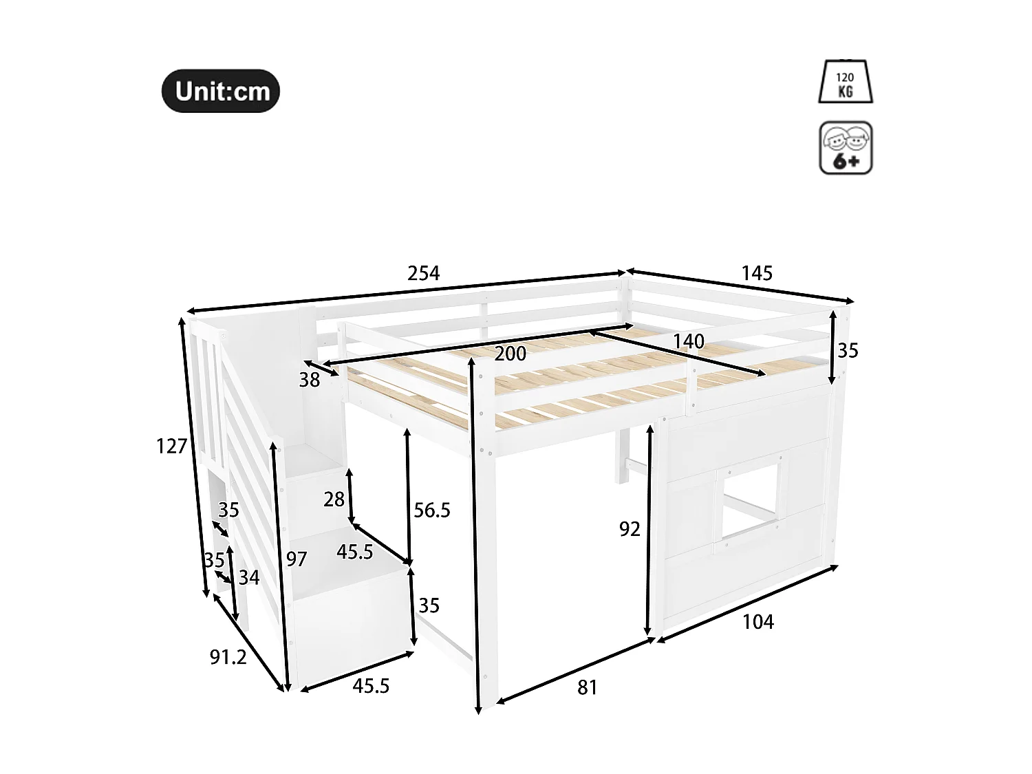 Lit mi-haut enfant 140x200 cm avec LED, escalier de rangements et fenêtre - Blanc