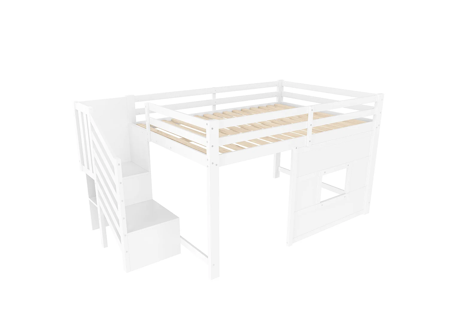 Lit mi-haut enfant 140x200 cm avec LED, escalier de rangements et fenêtre - Blanc