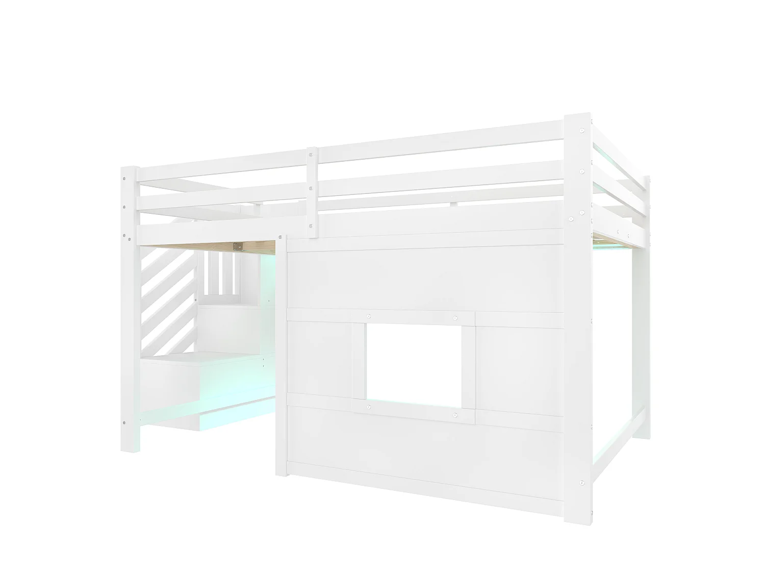 Lit mi-haut enfant 140x200 cm avec LED, escalier de rangements et fenêtre - Blanc