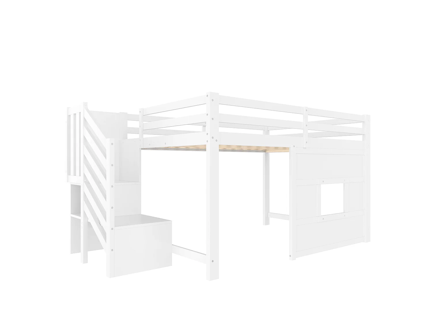 Lit mi-haut enfant 140x200 cm avec LED, escalier de rangements et fenêtre - Blanc
