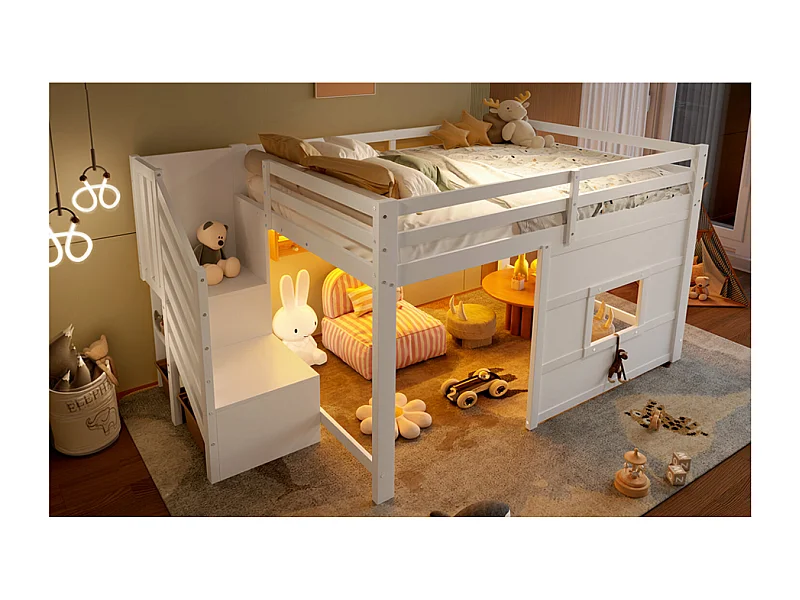 Lit mi-haut enfant 140x200 cm avec LED, escalier de rangements et fenêtre - Blanc