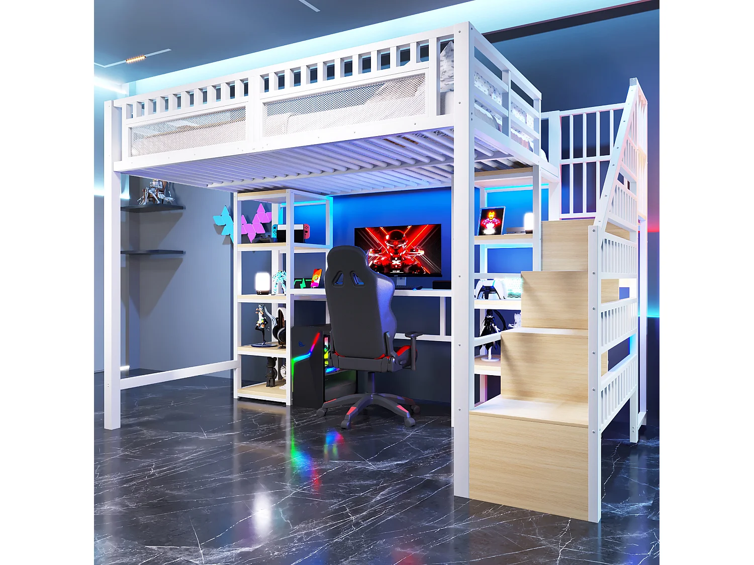 Letto a soppalco in metallo 140 x 200 cm - Letto per bambini con scrivania, luci LED e porte USB, ripiano - Bianco