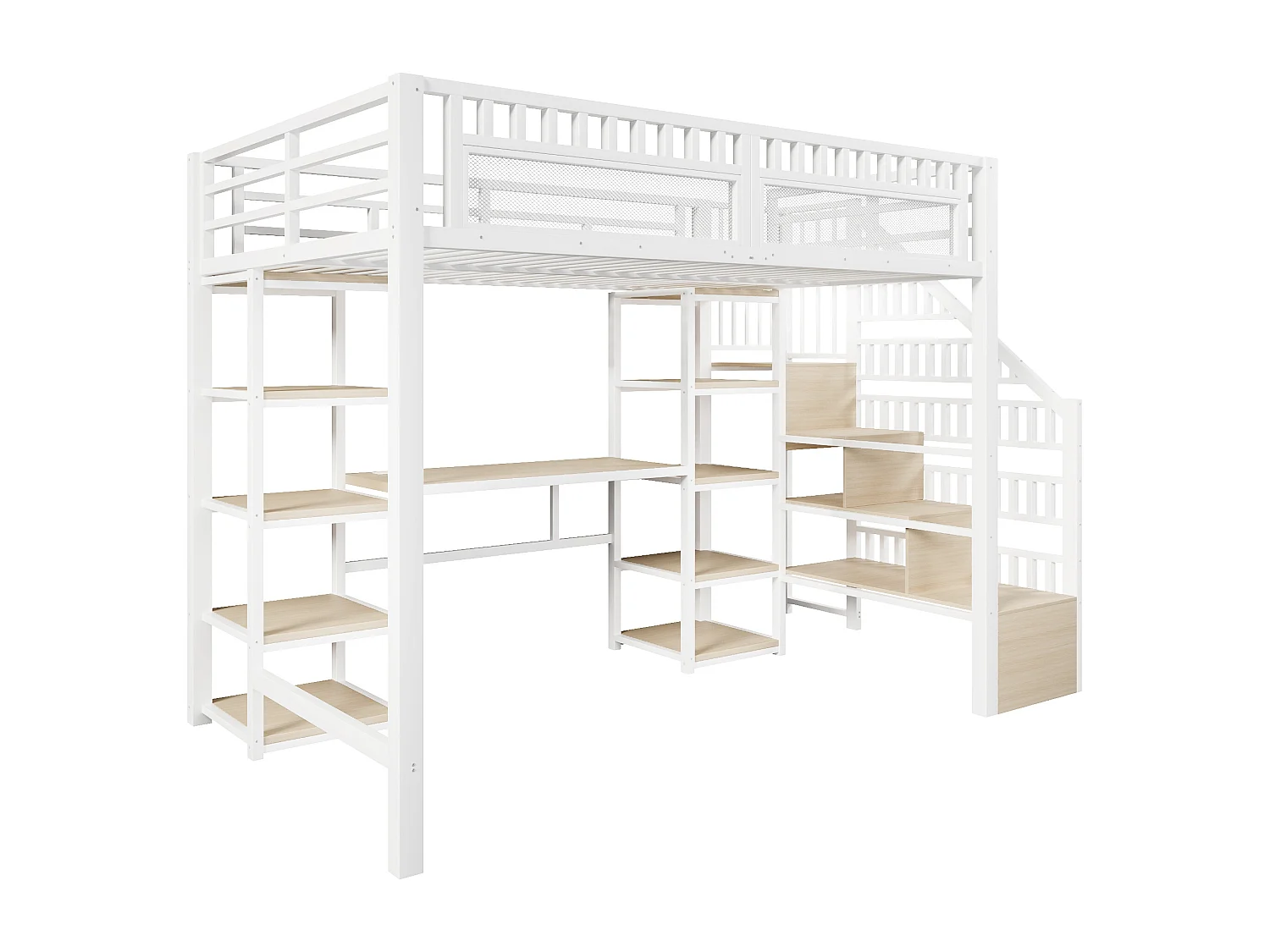 Letto a soppalco in metallo 140 x 200 cm - Letto per bambini con scrivania, luci LED e porte USB, ripiano - Bianco