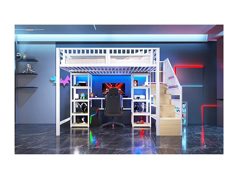 Letto a soppalco in metallo 140 x 200 cm - Letto per bambini con scrivania, luci LED e porte USB, ripiano - Bianco