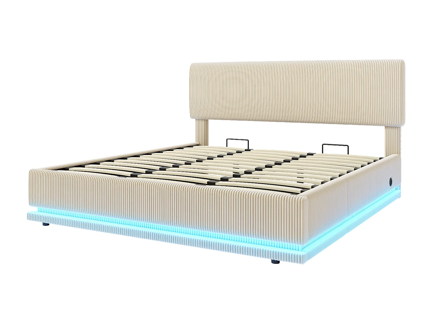 Cama de 180 x 200 cm con almacenaje en pana beige - Cama doble para adultos con cabecero ajustable, iluminación LED y puertos USB