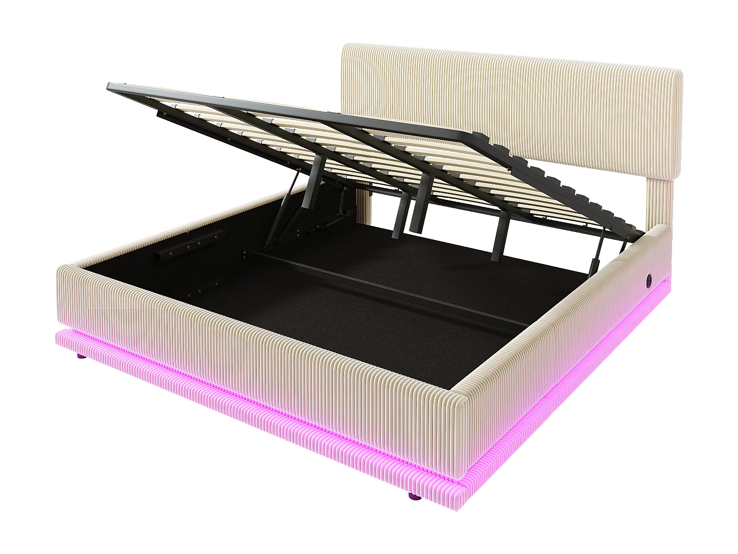 Cama de 180 x 200 cm con almacenaje en pana beige - Cama doble para adultos con cabecero ajustable, iluminación LED y puertos USB