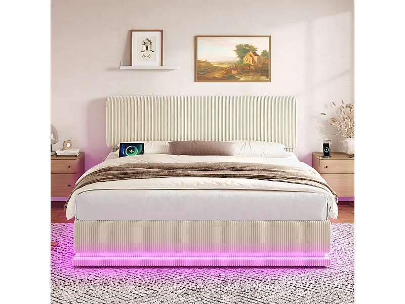 Opbergbed van 180x200 cm in beige corduroy - Tweepersoonsbed voor volwassenen met verstelbaar hoofdeinde, ledverlichting en USB-poorten