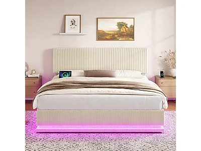 Letto contenitore 180x200 cm in velluto a coste beige - Letto matrimoniale per adulti con testiera regolabile, illuminazione a LED e porte USB