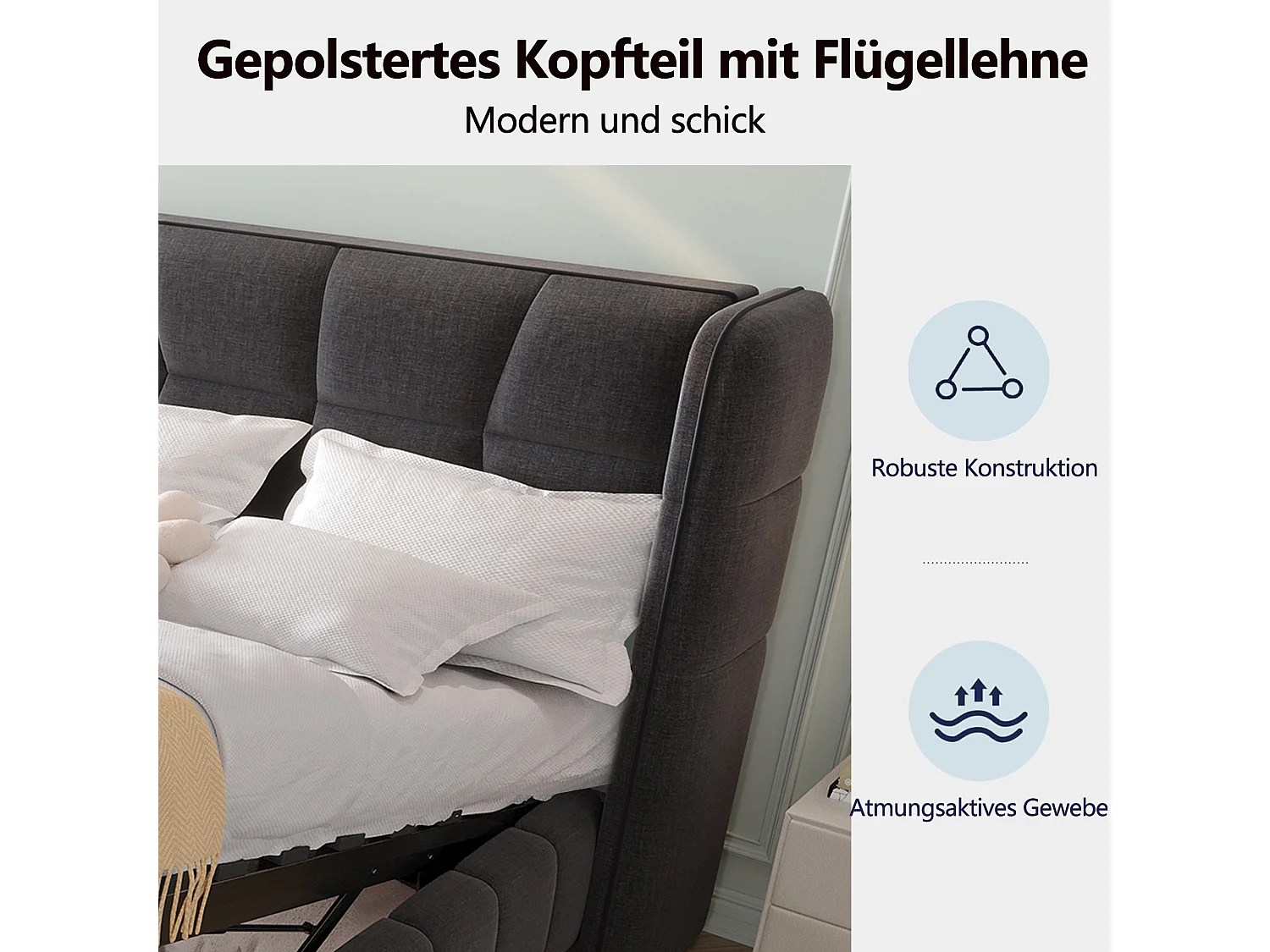 Kinderbed met opbergruimte, 90x200 cm, met lattenbodem - Grijze linnen stof