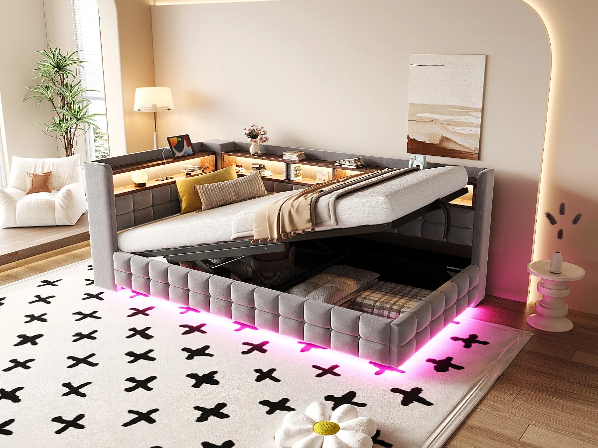 Letto contenitore per bambini 90x200 cm in velluto grigio chiaro - Divano letto con USB/Type-C, LED e contenitore