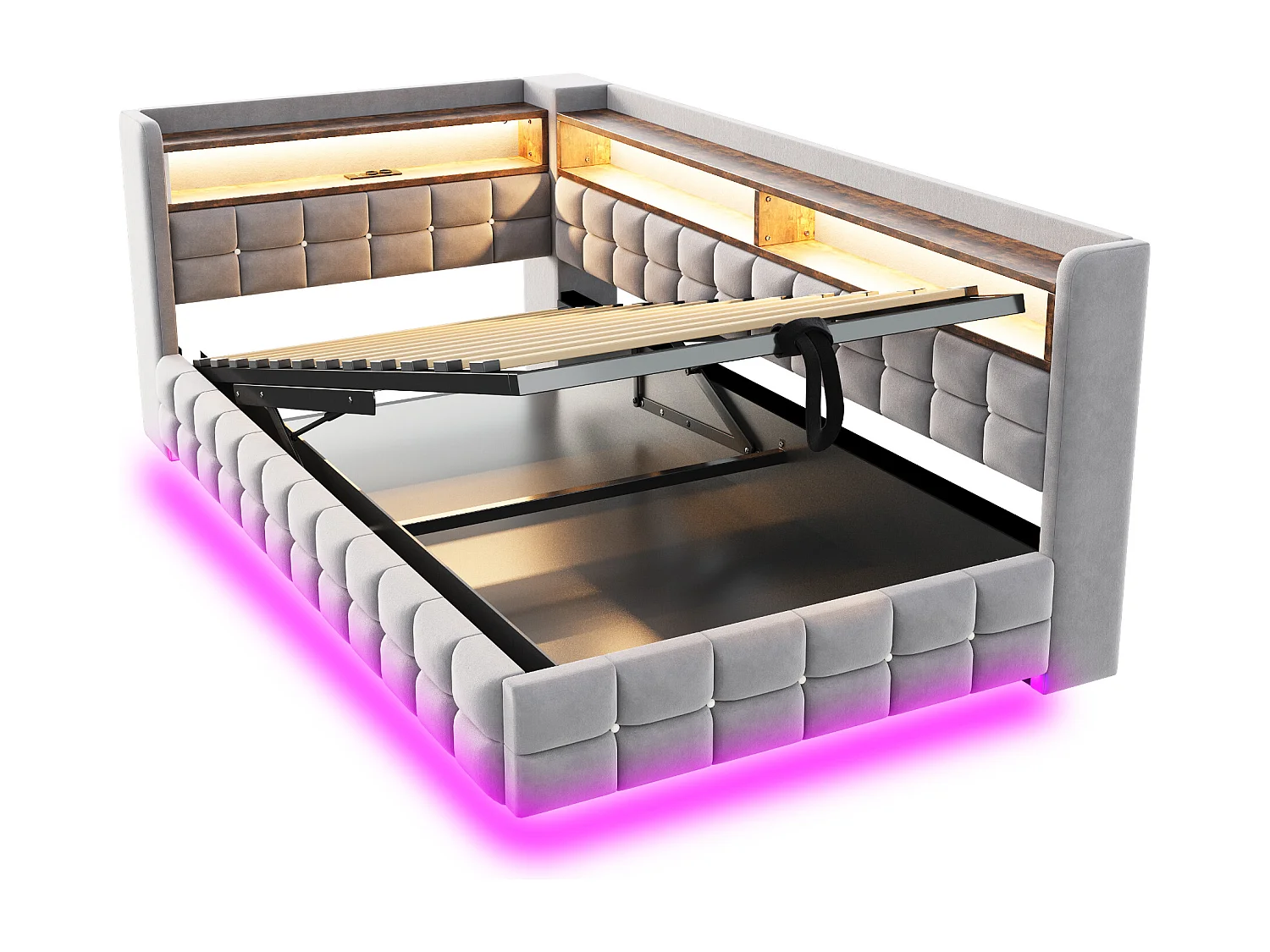 Letto contenitore per bambini 90x200 cm in velluto grigio chiaro - Divano letto con USB/Type-C, LED e contenitore