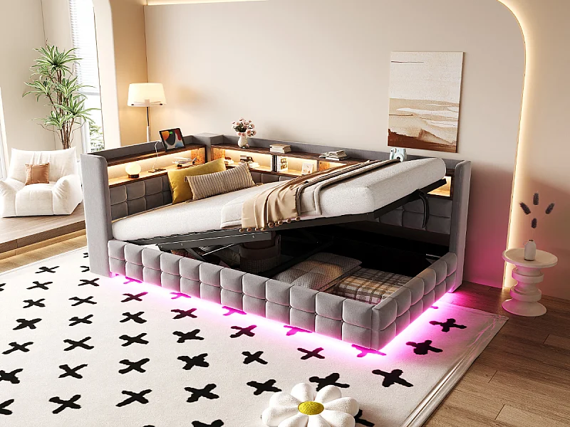 Letto contenitore per bambini 90x200 cm in velluto grigio chiaro - Divano letto con USB/Type-C, LED e contenitore