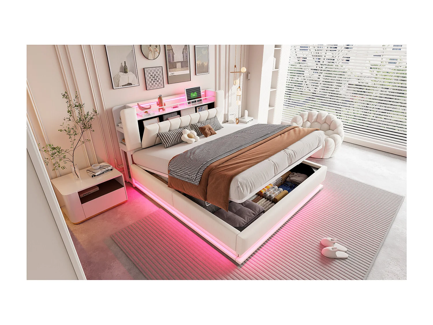 Tweepersoonsbed met opbergruimte 180x200cm met LED-verlichting, USB-aansluiting en opbergruimte in het hoofdeinde - Beige fluweel