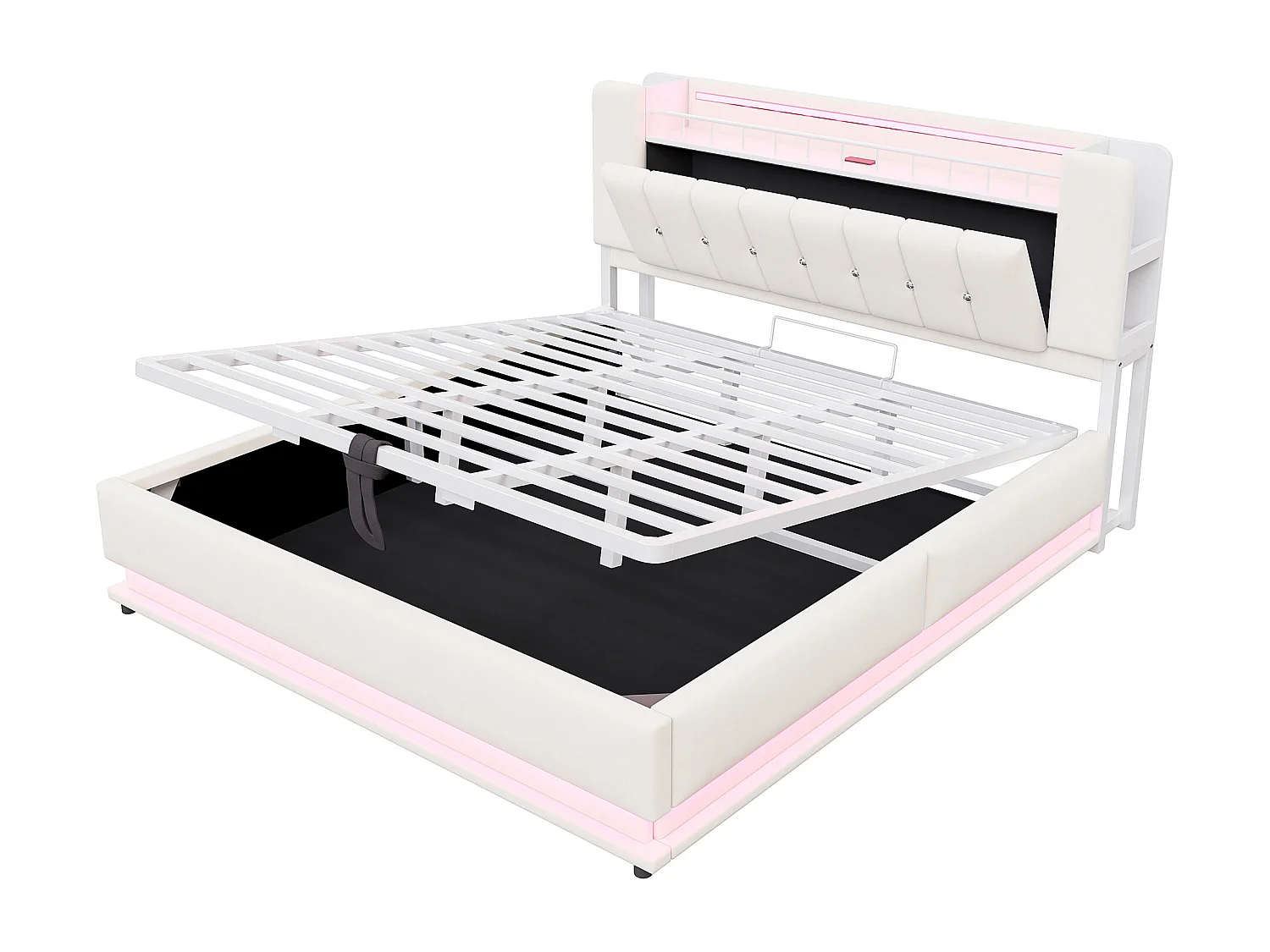 Tweepersoonsbed met opbergruimte 180x200cm met LED-verlichting, USB-aansluiting en opbergruimte in het hoofdeinde - Beige fluweel