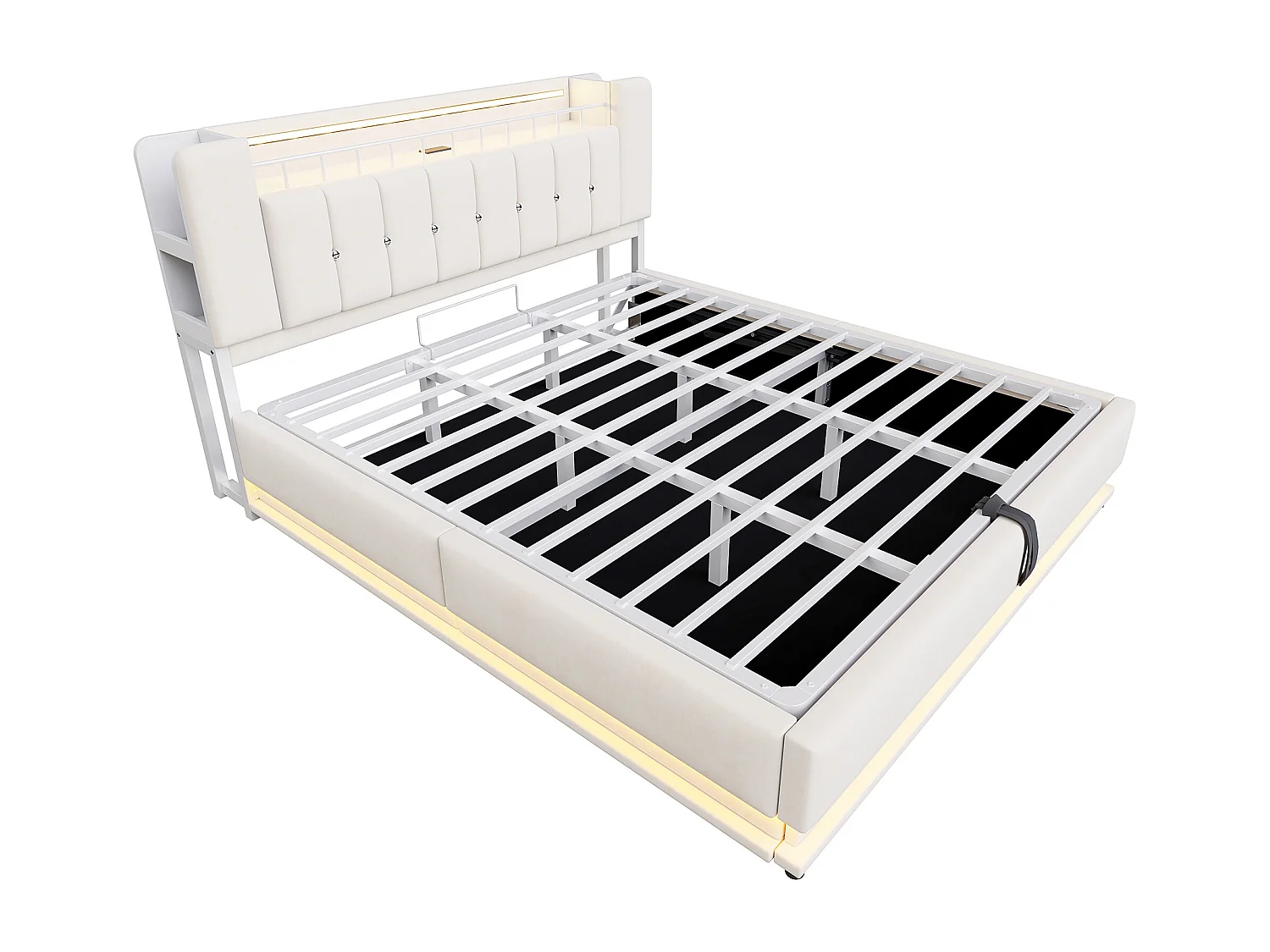 Tweepersoonsbed met opbergruimte 180x200cm met LED-verlichting, USB-aansluiting en opbergruimte in het hoofdeinde - Beige fluweel