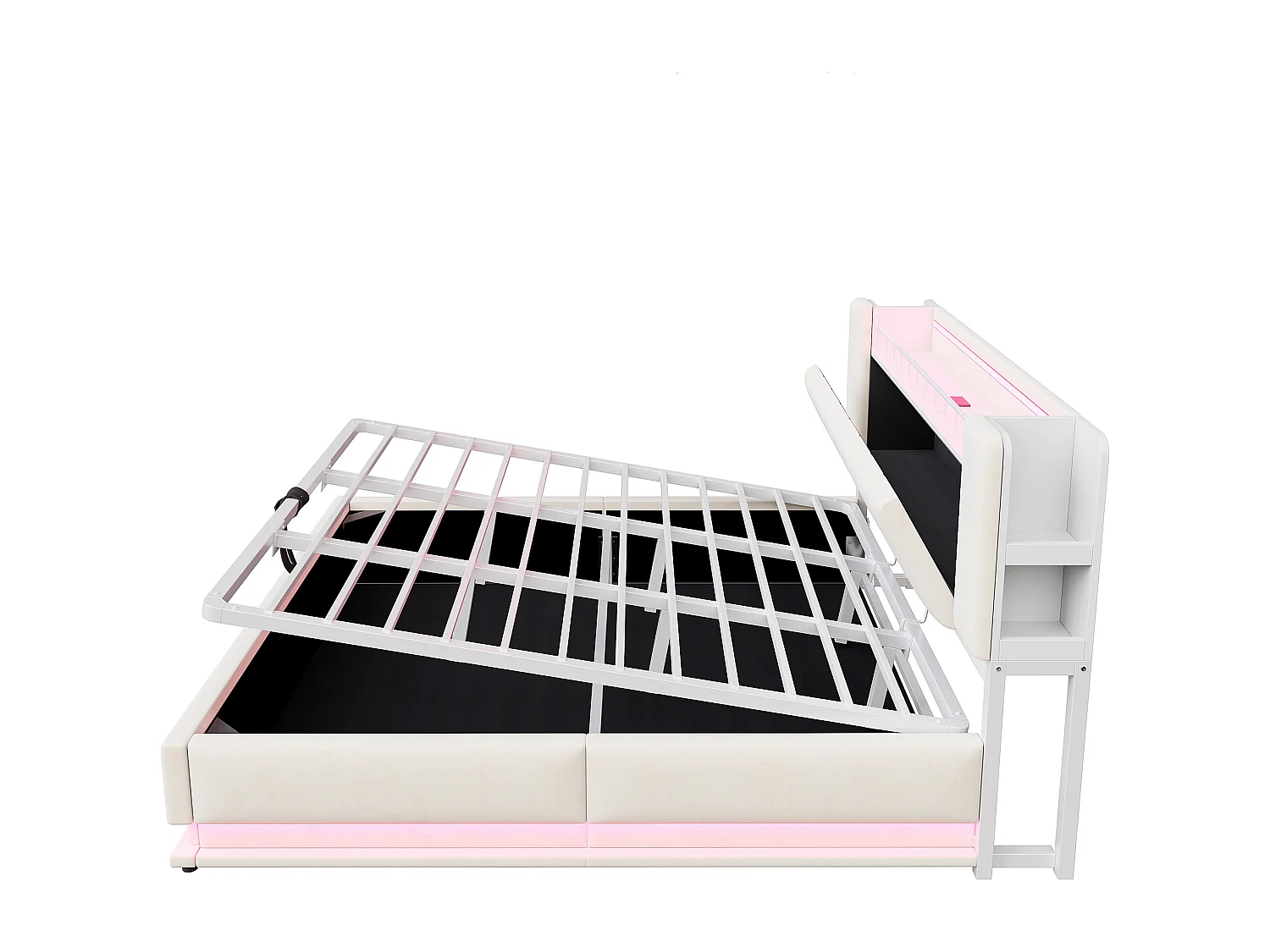 Tweepersoonsbed met opbergruimte 180x200cm met LED-verlichting, USB-aansluiting en opbergruimte in het hoofdeinde - Beige fluweel