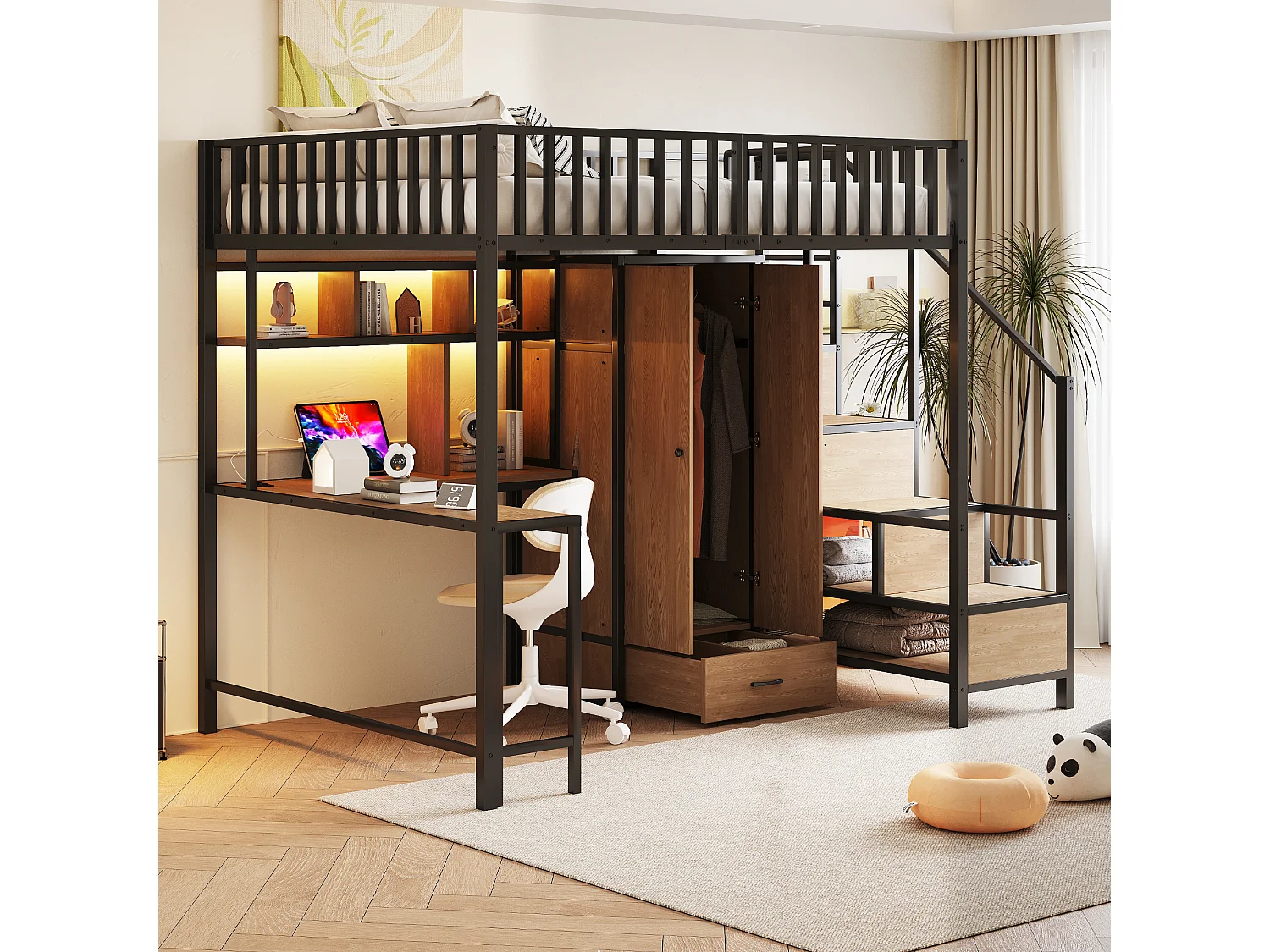 Zwart hoogslaper 140 x 200 cm met bureau, plank en kledingkast - Metalen en MDF-bed met oplaadpunt en LED-verlichting