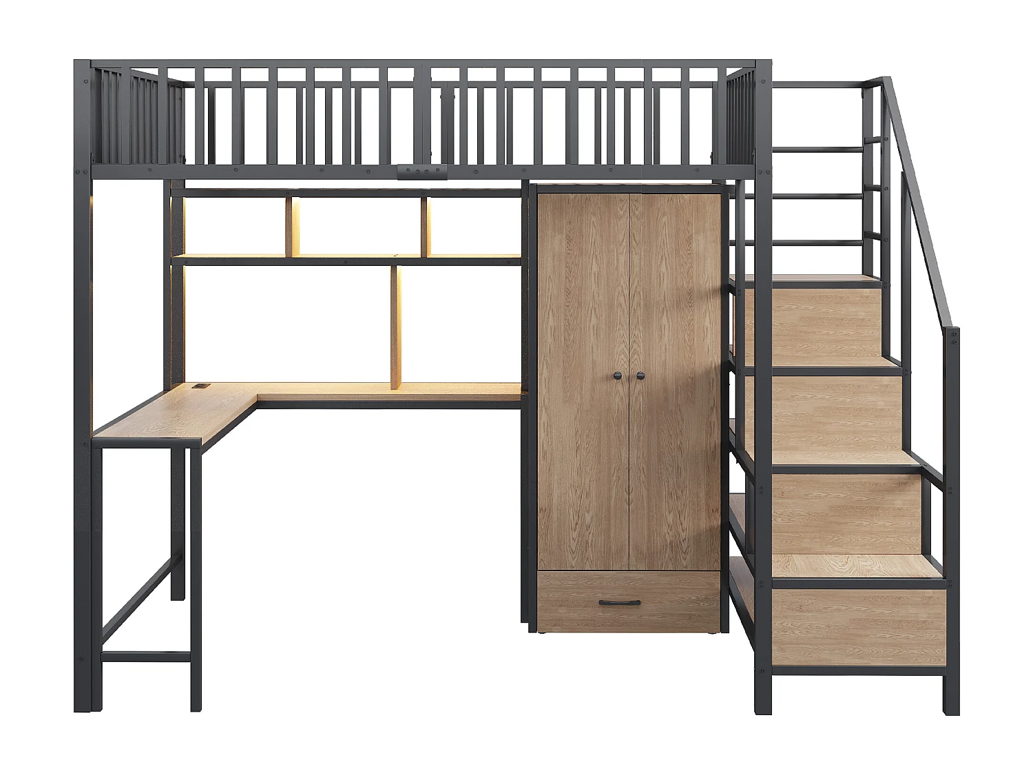 Zwart hoogslaper 140 x 200 cm met bureau, plank en kledingkast - Metalen en MDF-bed met oplaadpunt en LED-verlichting