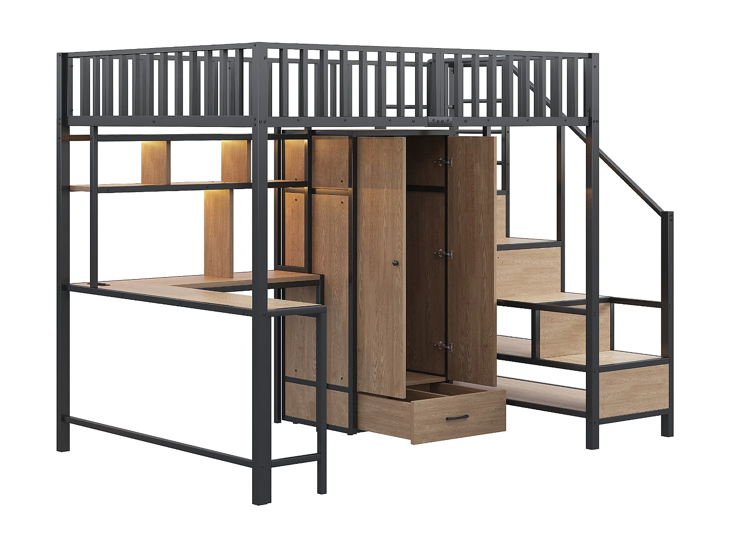 Zwart hoogslaper 140 x 200 cm met bureau, plank en kledingkast - Metalen en MDF-bed met oplaadpunt en LED-verlichting