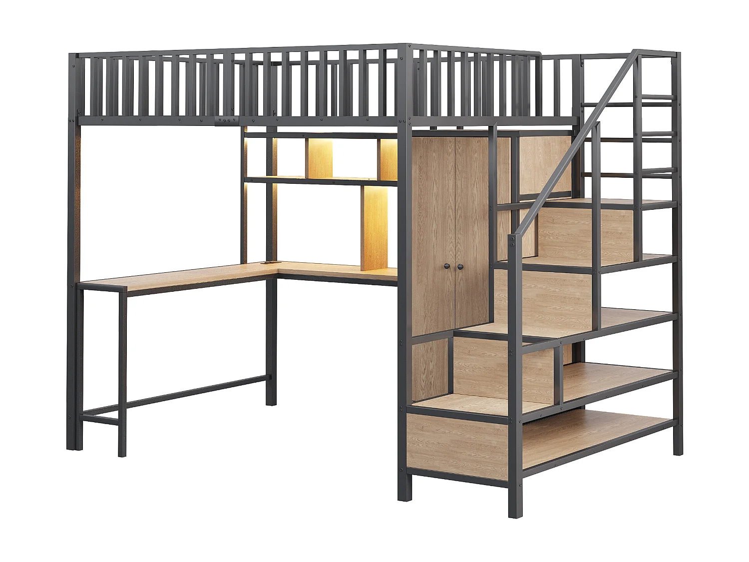 Zwart hoogslaper 140 x 200 cm met bureau, plank en kledingkast - Metalen en MDF-bed met oplaadpunt en LED-verlichting