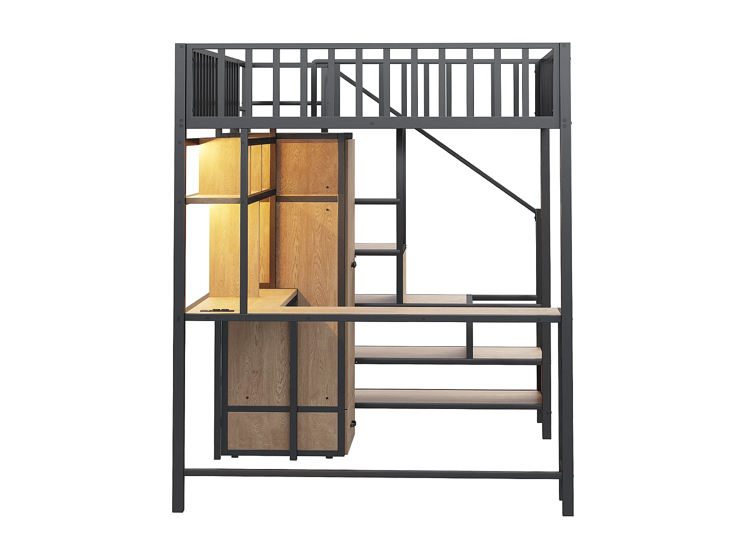 Zwart hoogslaper 140 x 200 cm met bureau, plank en kledingkast - Metalen en MDF-bed met oplaadpunt en LED-verlichting