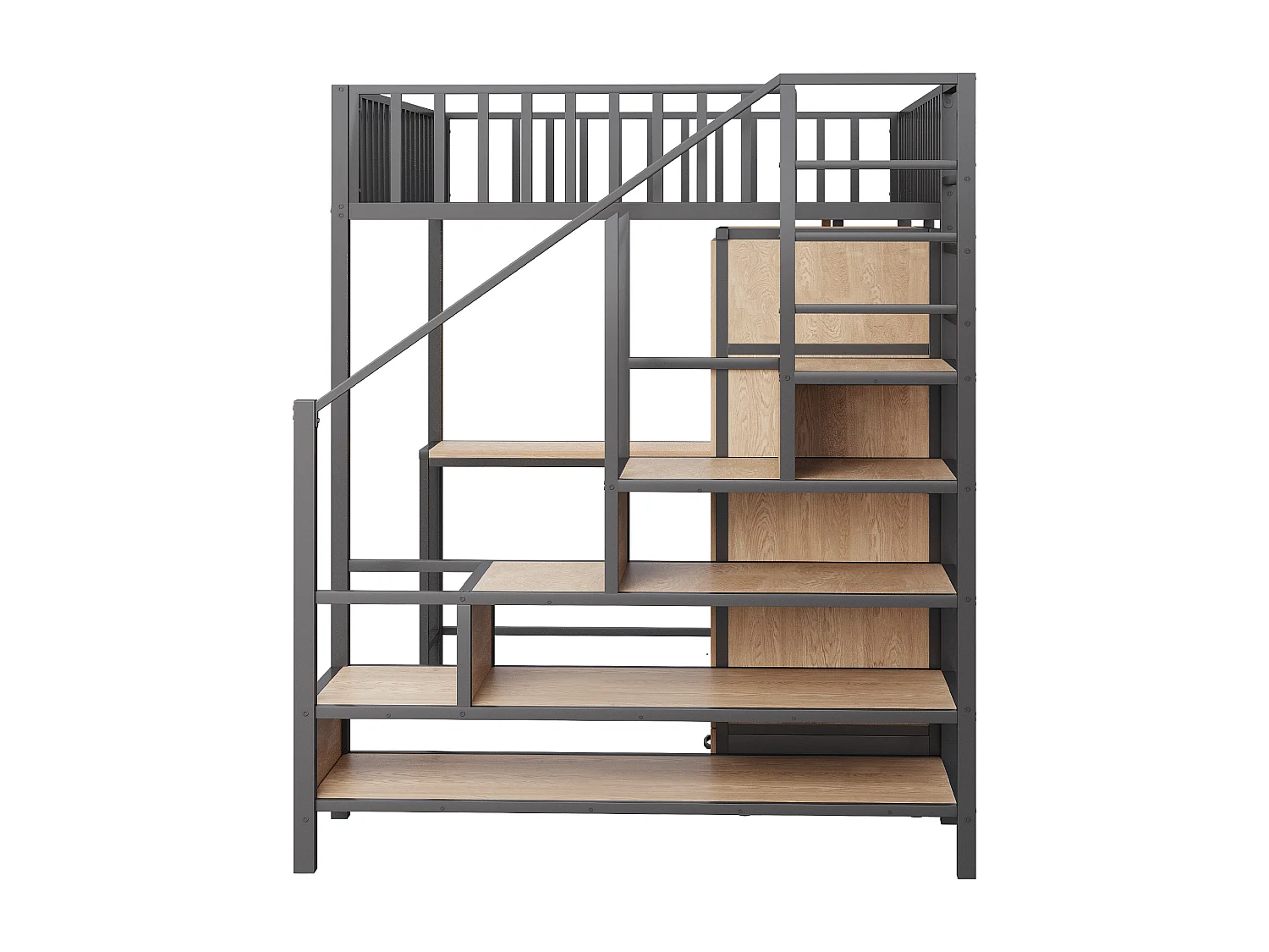 Zwart hoogslaper 140 x 200 cm met bureau, plank en kledingkast - Metalen en MDF-bed met oplaadpunt en LED-verlichting