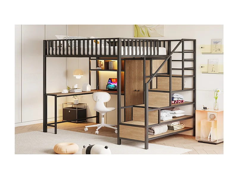 Zwart hoogslaper 140 x 200 cm met bureau, plank en kledingkast - Metalen en MDF-bed met oplaadpunt en LED-verlichting