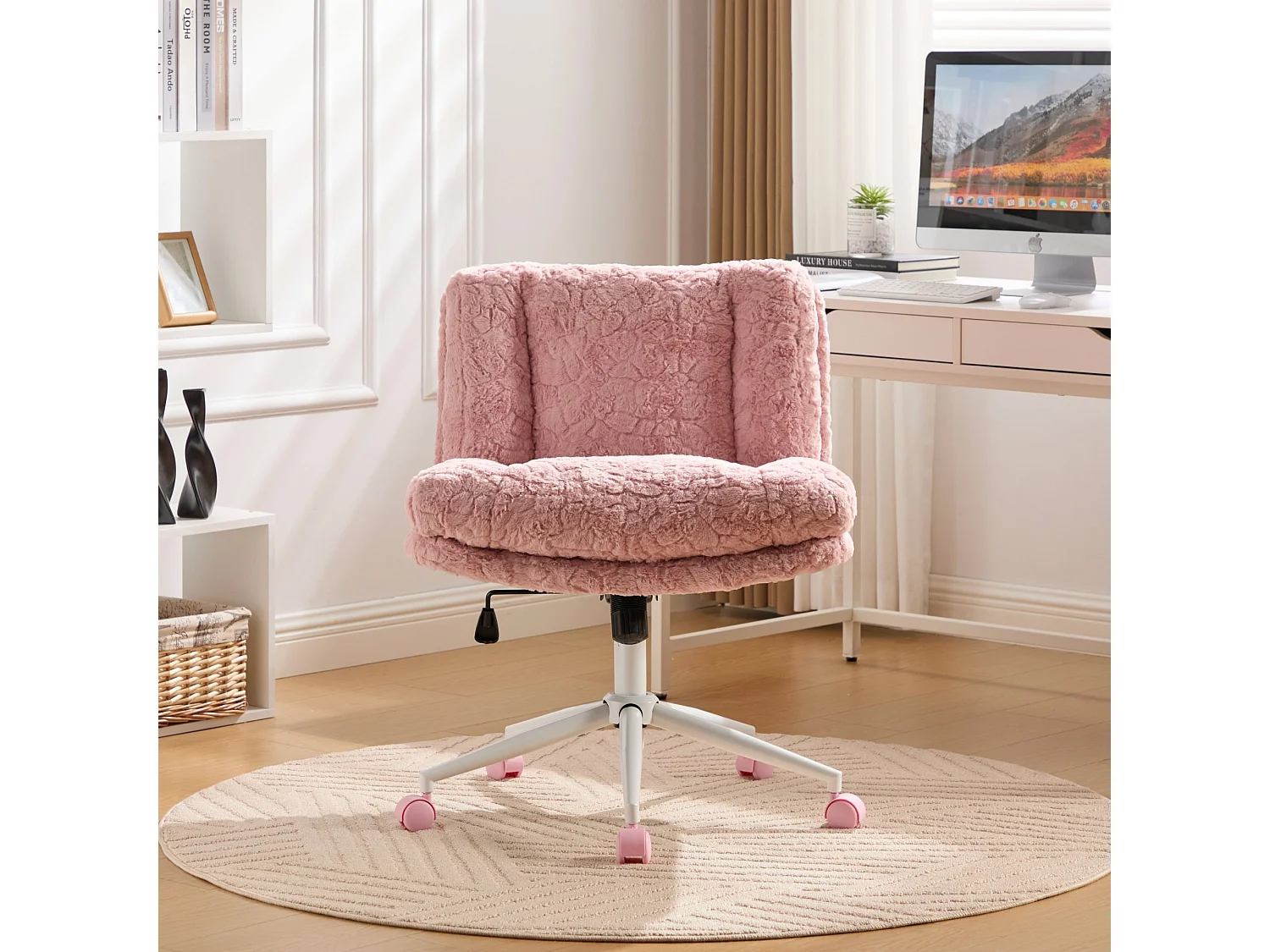 Chaise de bureau pivotante en tissu rose avec double coussin - Hauteur réglable