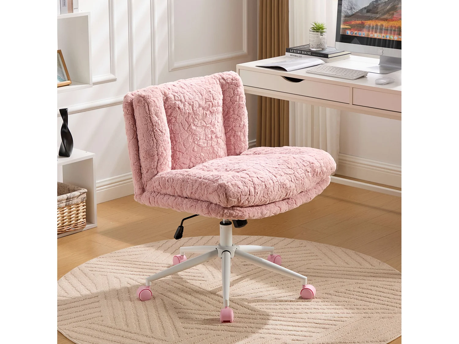 Chaise de bureau pivotante en tissu rose avec double coussin - Hauteur réglable