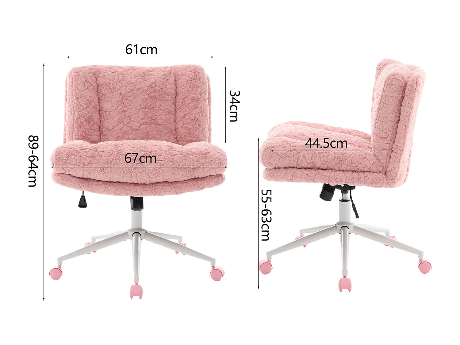 Chaise de bureau pivotante en tissu rose avec double coussin - Hauteur réglable