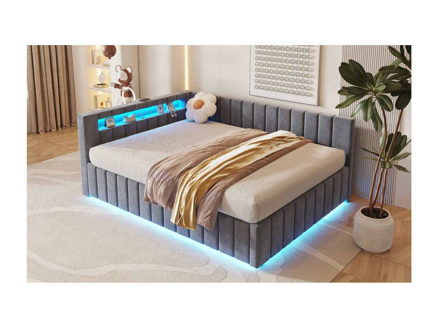 Lit coffre adulte 140x200cm avec LED et USB - Lit banquette en velours gris