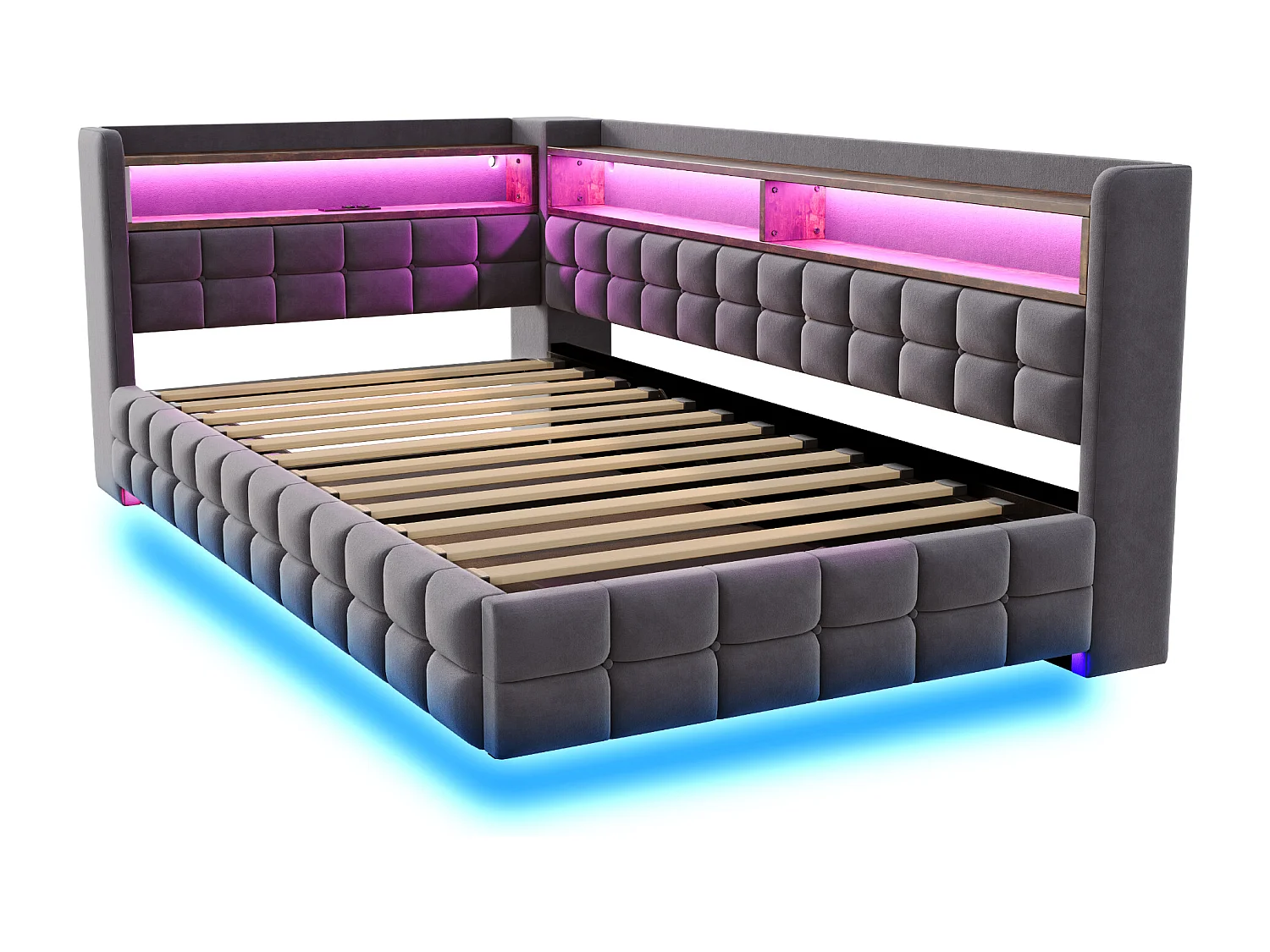 Lit coffre enfant 90x200 cm en velours gris foncé - Lit banquette avec USB/Type-C ,LED et rangement