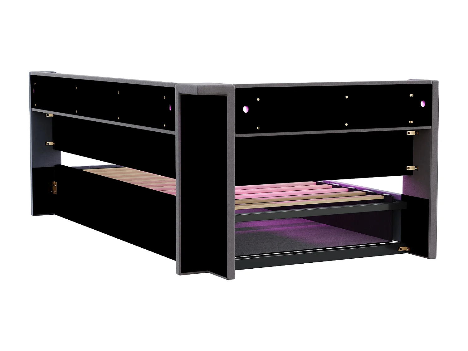 Lit coffre enfant 90x200 cm en velours gris foncé - Lit banquette avec USB/Type-C ,LED et rangement