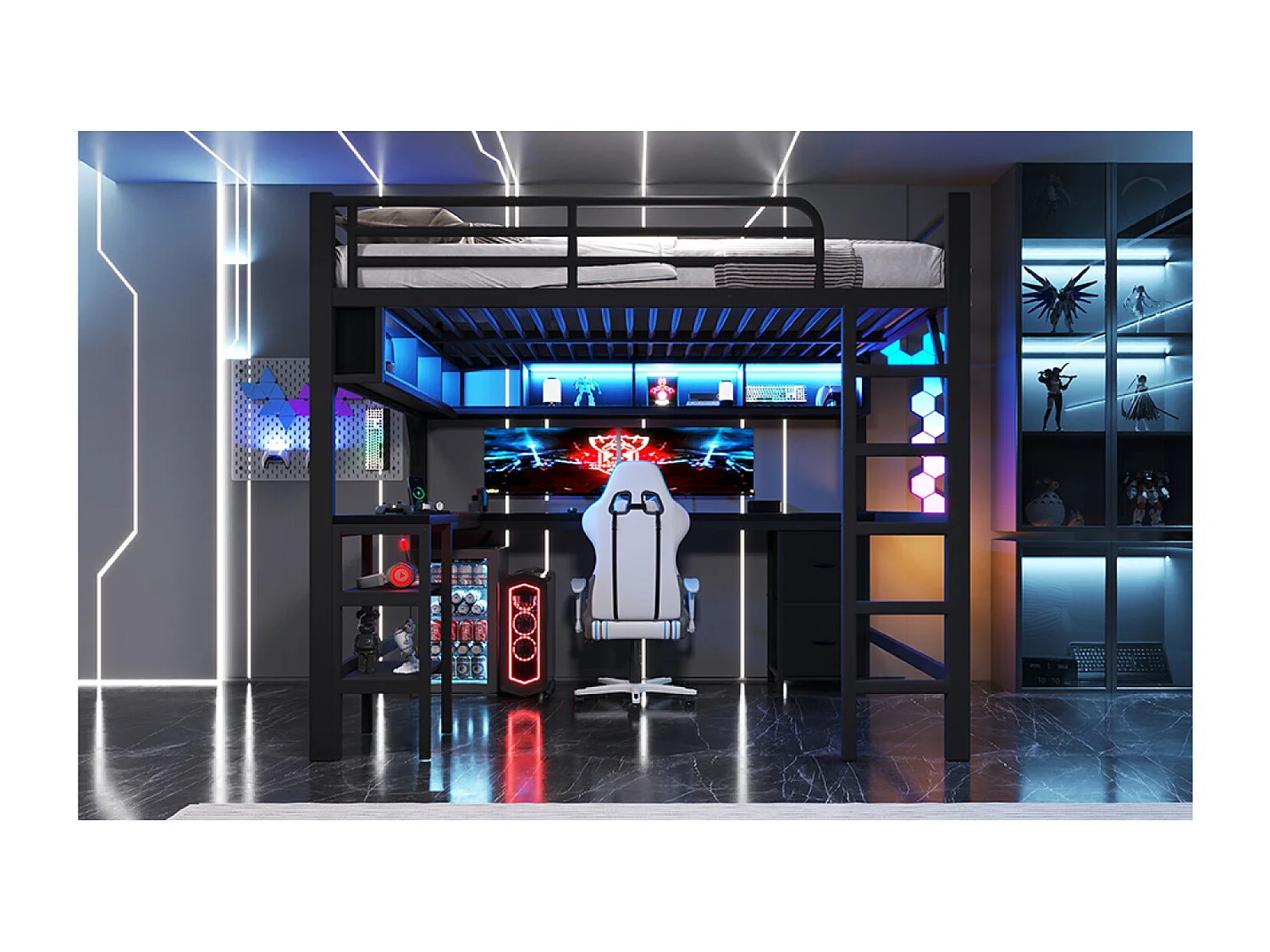 Metalen hoogslaper van 140x200 cm met bureau, USB- en LED-aansluitingen en 2 lades - zwart