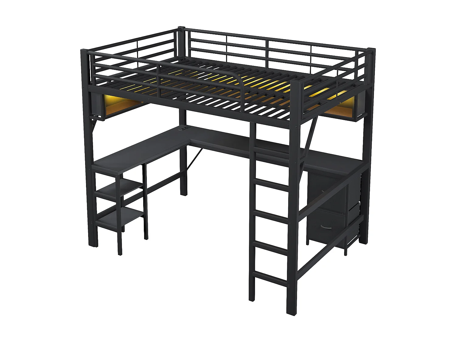 Metalen hoogslaper van 140x200 cm met bureau, USB- en LED-aansluitingen en 2 lades - zwart