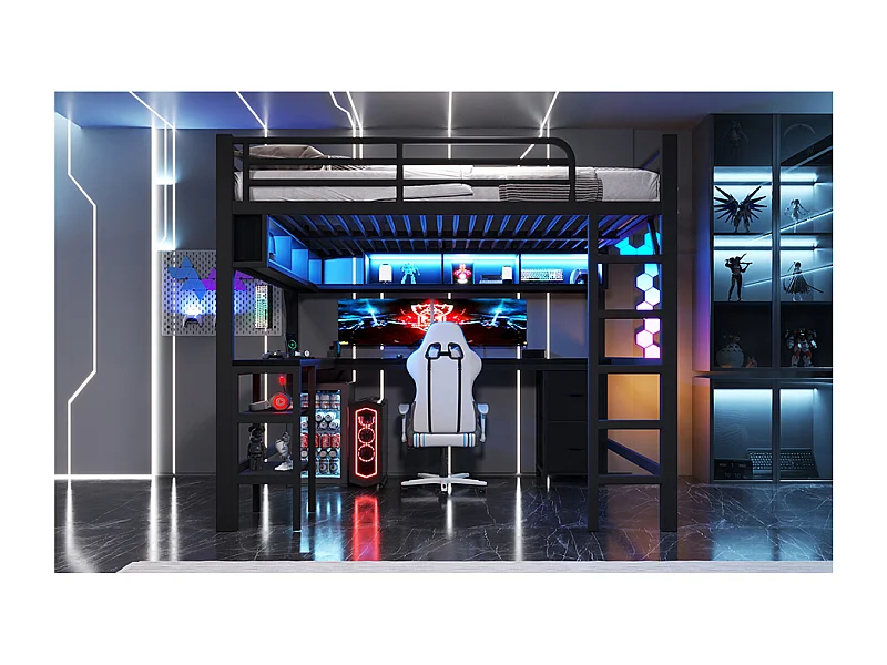 Metalen hoogslaper van 140x200 cm met bureau, USB- en LED-aansluitingen en 2 lades - zwart