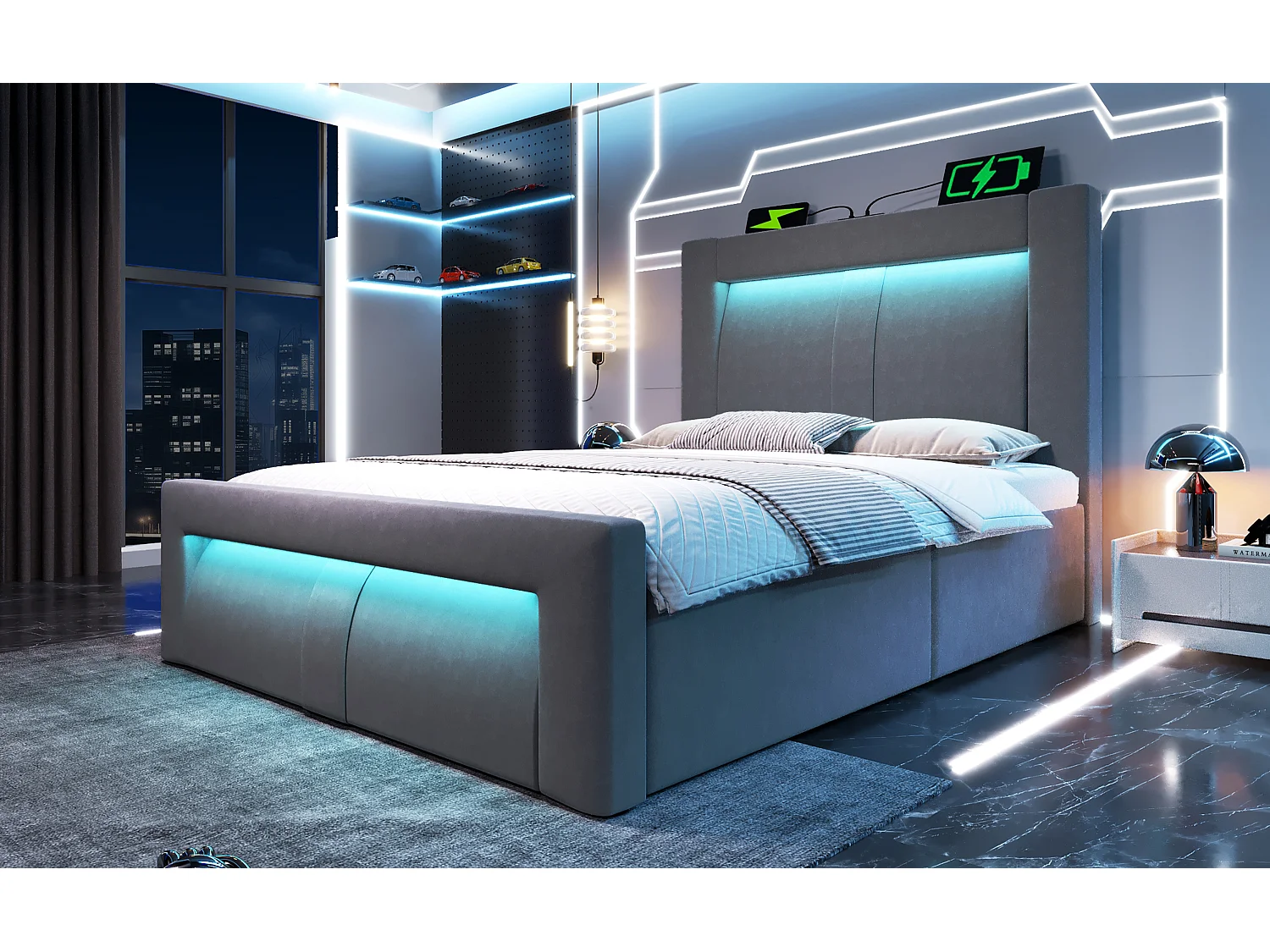 Letto contenitore per bambini 90x200 cm con LED e 3 porte USB - Velluto grigio