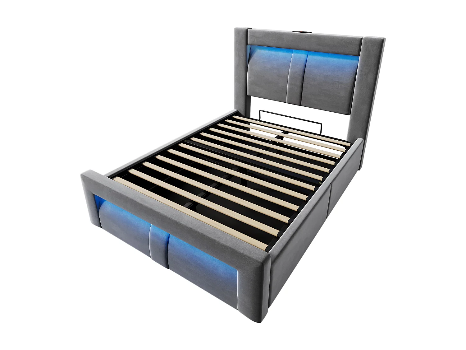 Letto contenitore per bambini 90x200 cm con LED e 3 porte USB - Velluto grigio