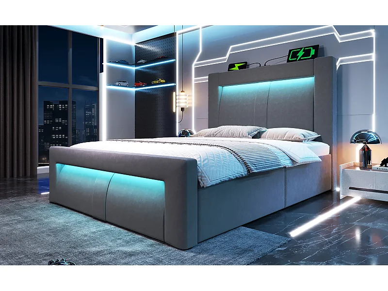 Letto contenitore per bambini 90x200 cm con LED e 3 porte USB - Velluto grigio